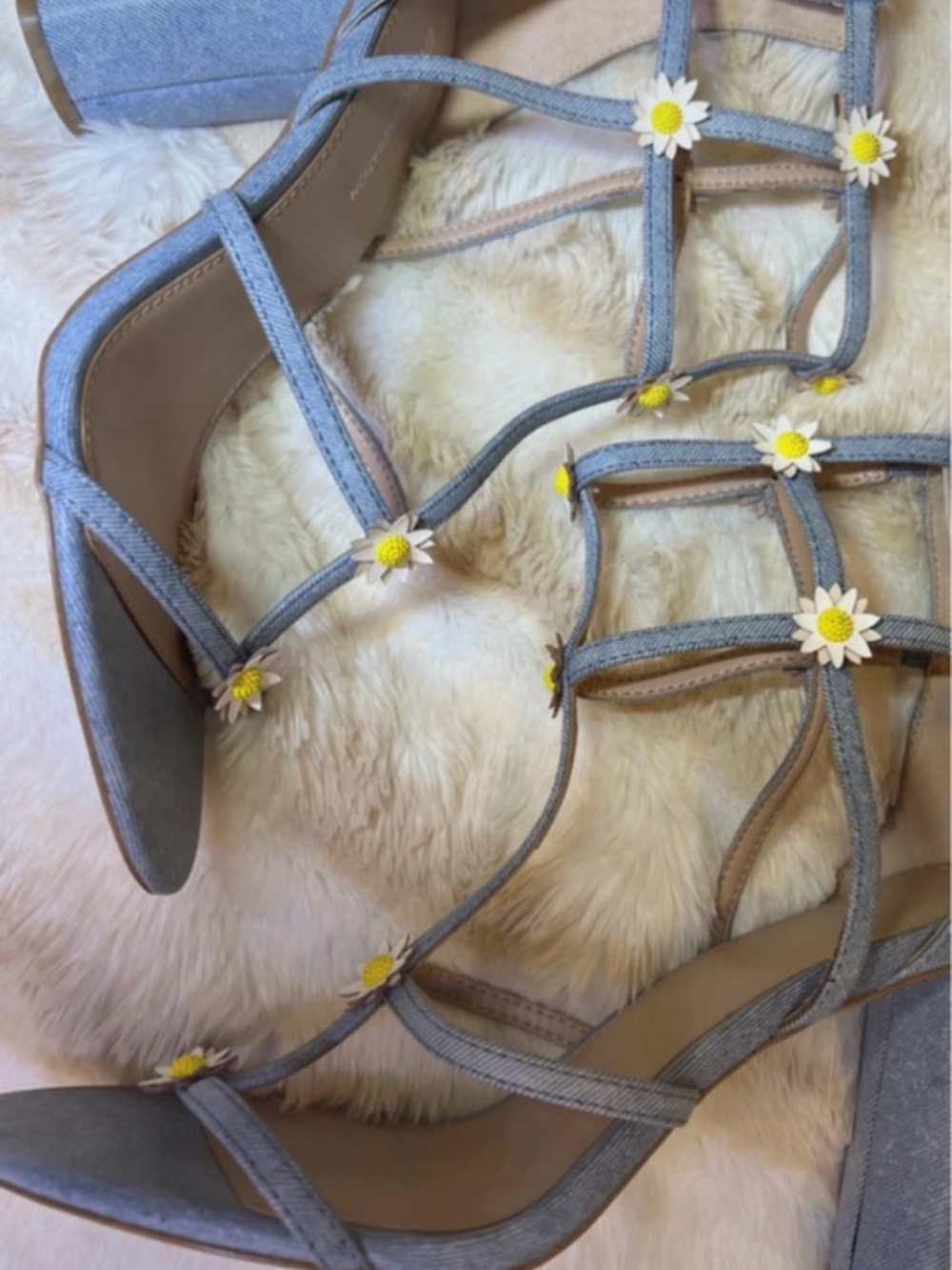 BCBGeneration Light Blue Daisy Embellished Strappy Block Heels